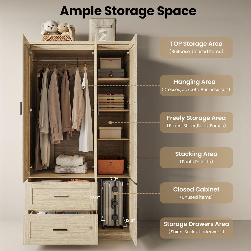 70.6 Inch Armoire Wardrobe Closet with Drawers (Light Oak)