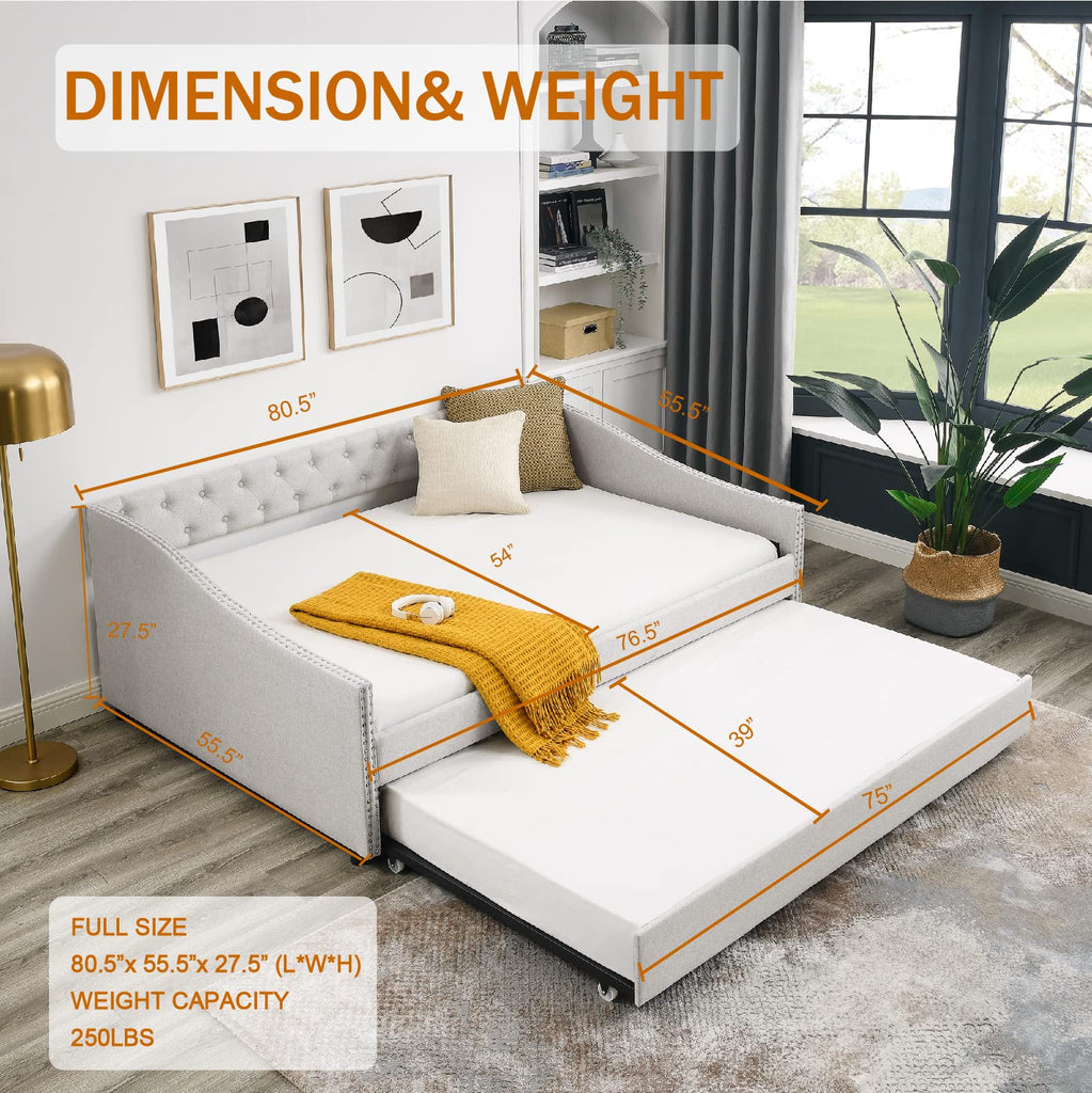 Upholstered Daybed with Trundle, Modern Button Tufted Fabric Full Size Daybed Frame Sofa Bed, No Box Spring Needed