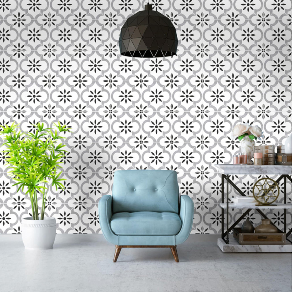 Gray & Black Vintage Geometric Porcelain Floor & Wall Tile 8" x 8" Matte Decorative Pattern Tile, Laundry Room