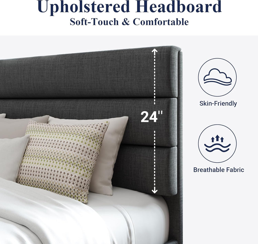 Queen Platform Bed Frame with Fabric Upholstered Headboard and Wooden Slats Support