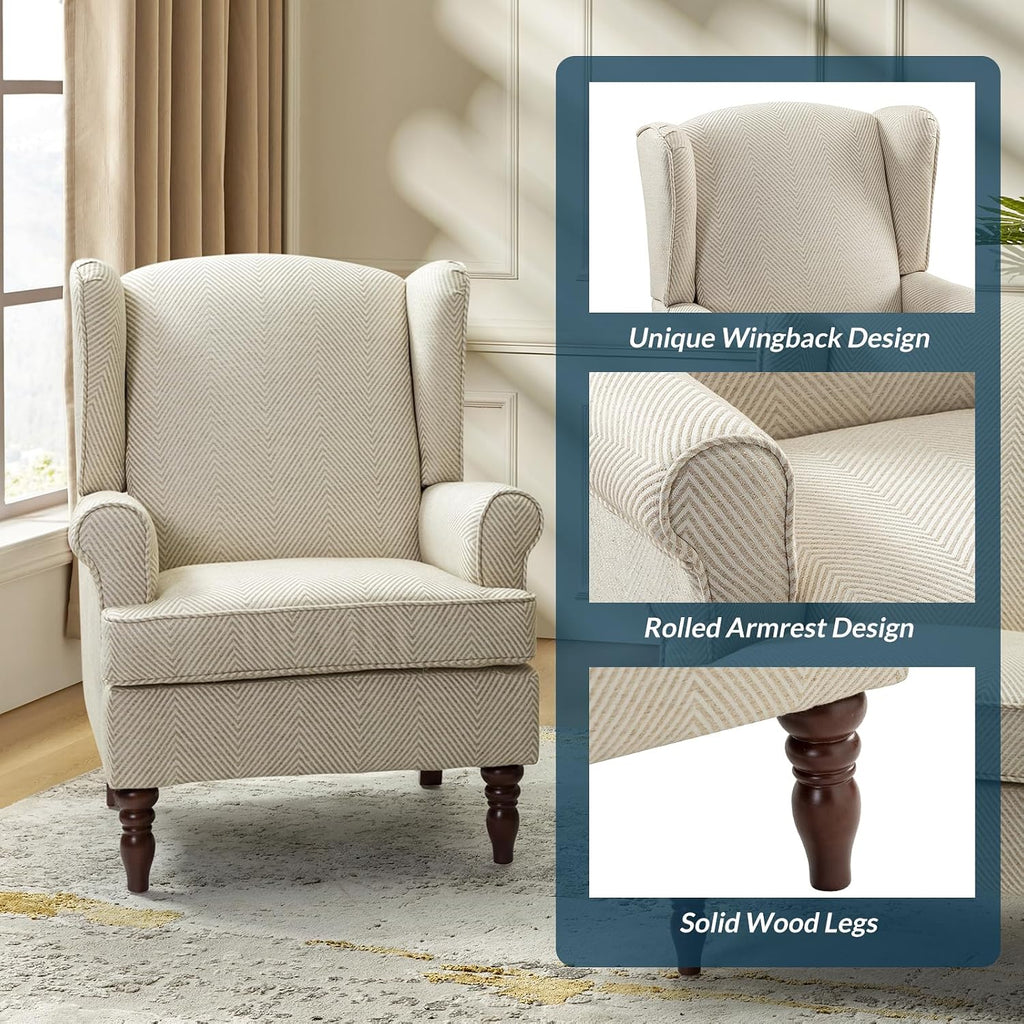 Wingback Accent Chair with Retro Wooden Legs, Traditional Fabric Armchair Bedroom, Comfy Upholstered Single Sofa