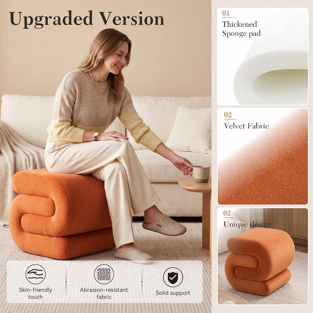 S Shape Modern Pouf Ottoman Vanity Stool, Velvet Orange | Footstool with Sponge Filling, No Assembly Required, Soft