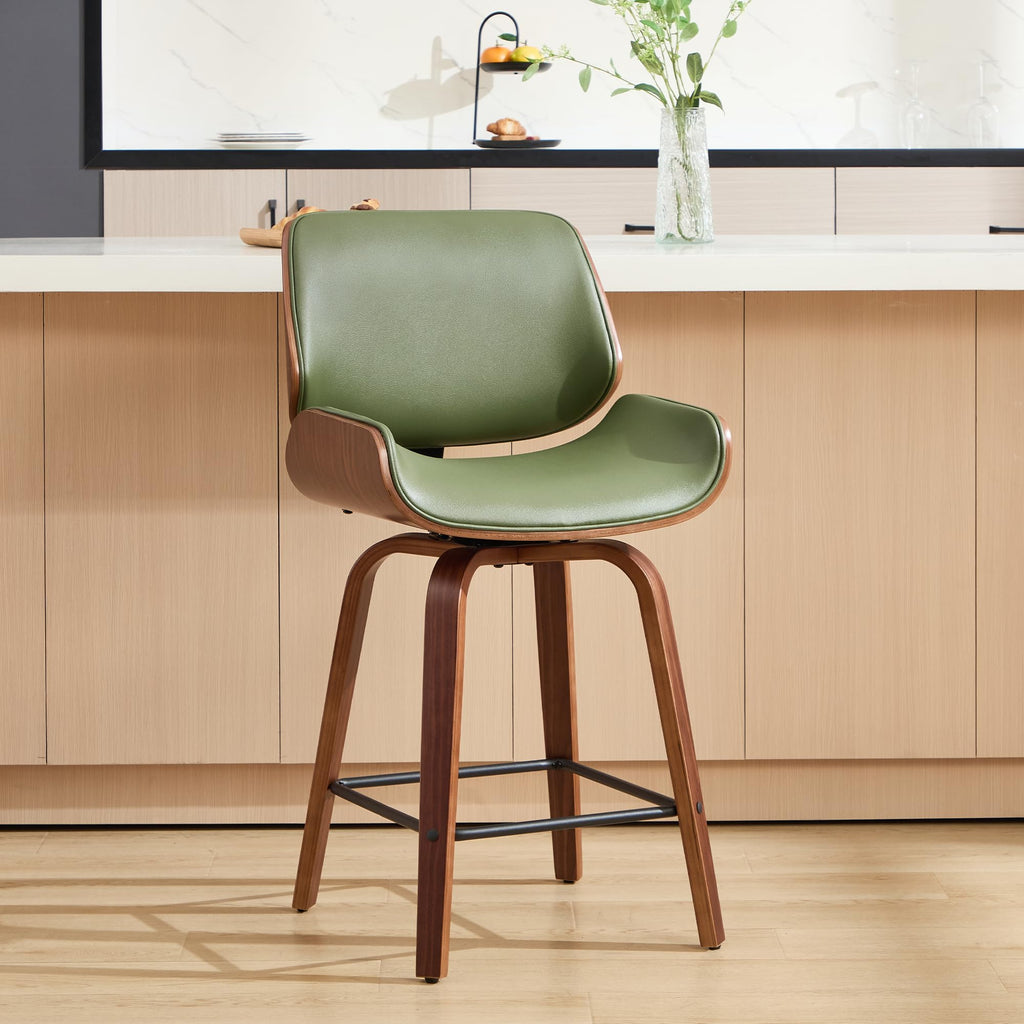 Swivel Bar Stools Set of 2, 24" Upholstered Faux Leather Barstools, Mid Century Modern Counter Height Barstools with