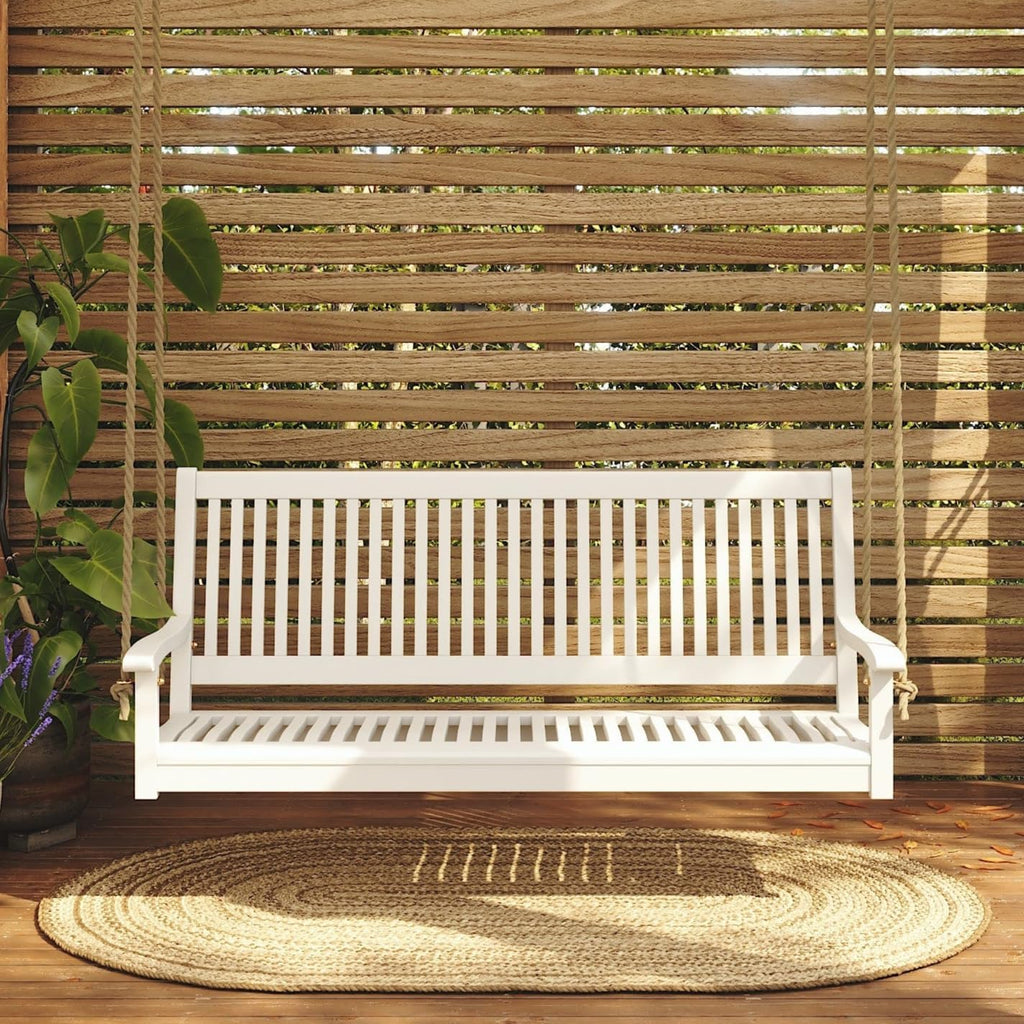 Hayden 5 Foot White Porch Swing with Ropes - Outdoor Bench Swing Crafted from Naturally Weather-Resistant Acacia Wood