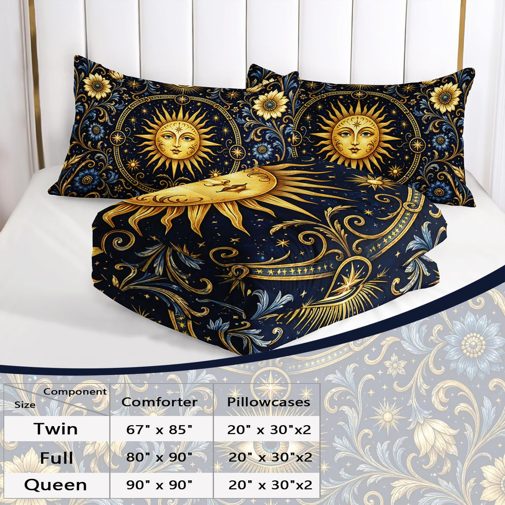 Gold Sun Face 3-Piece Comforter Set Twin, Navy Celestial Baroque Soft Microfiber Bedding with 2 Pillowcases for Teens