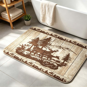 Rustic Cabin Deer Bath Mat 17x29 Inch, Vintage Wooden Plank Deer Elk Pine Tree Mountain Wildlife Silhouette Non Slip