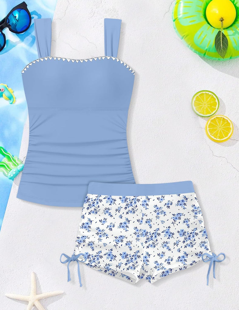 Girls Tankini Swimsuit 2 Piece Bathing Suits for Girls Square Neck Padded Swim Tank Top Drawstring Shorts