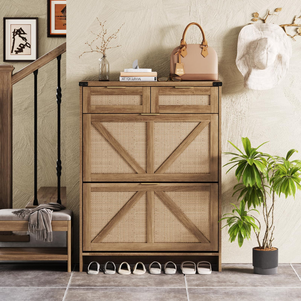 Shoe Cabinet with 2 Flip Drawers & 2 Drawers, Farmhouse Shoe Storage Cabinet, Slim Freestanding Narrow Organizer Rack