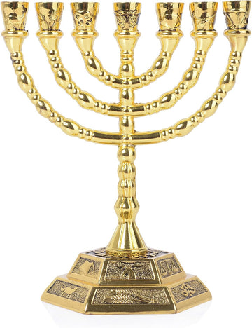 12 Tribes of Israel , Jerusalem Temple 7 Branch Jewish Candle Holder (5 Inches, Gold)