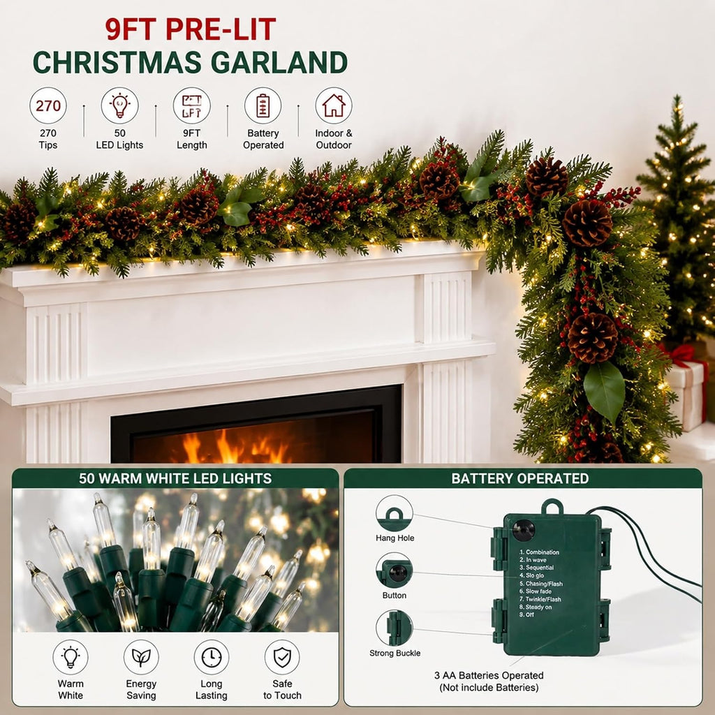 Lighted Christmas Garland 9Ft Operated Pinecone Berry Decor