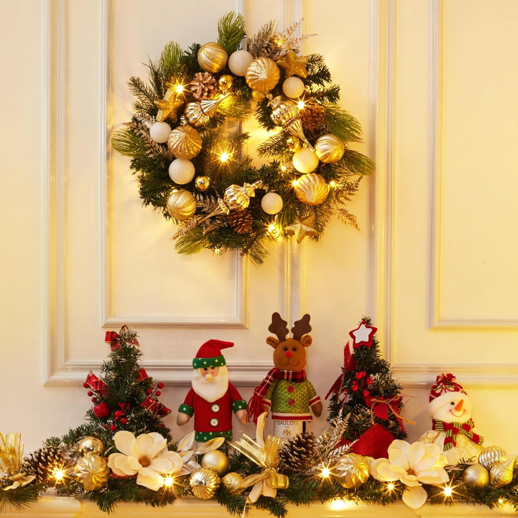 24-Inch Pre-Lit Christmas Wreath with 20 Battery-Operated LED Lights - Artificial Magnolia, Poinsettia & Gold White