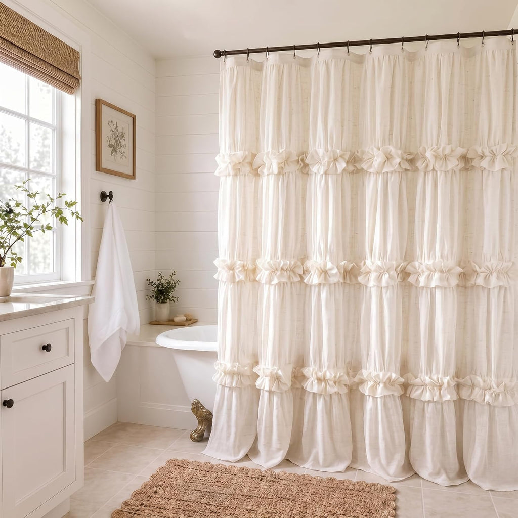 Ruffle Shower Curtain with Bow Vintage Farmhouse Linen Shower Curtain , Cream, 72" W x 72" H