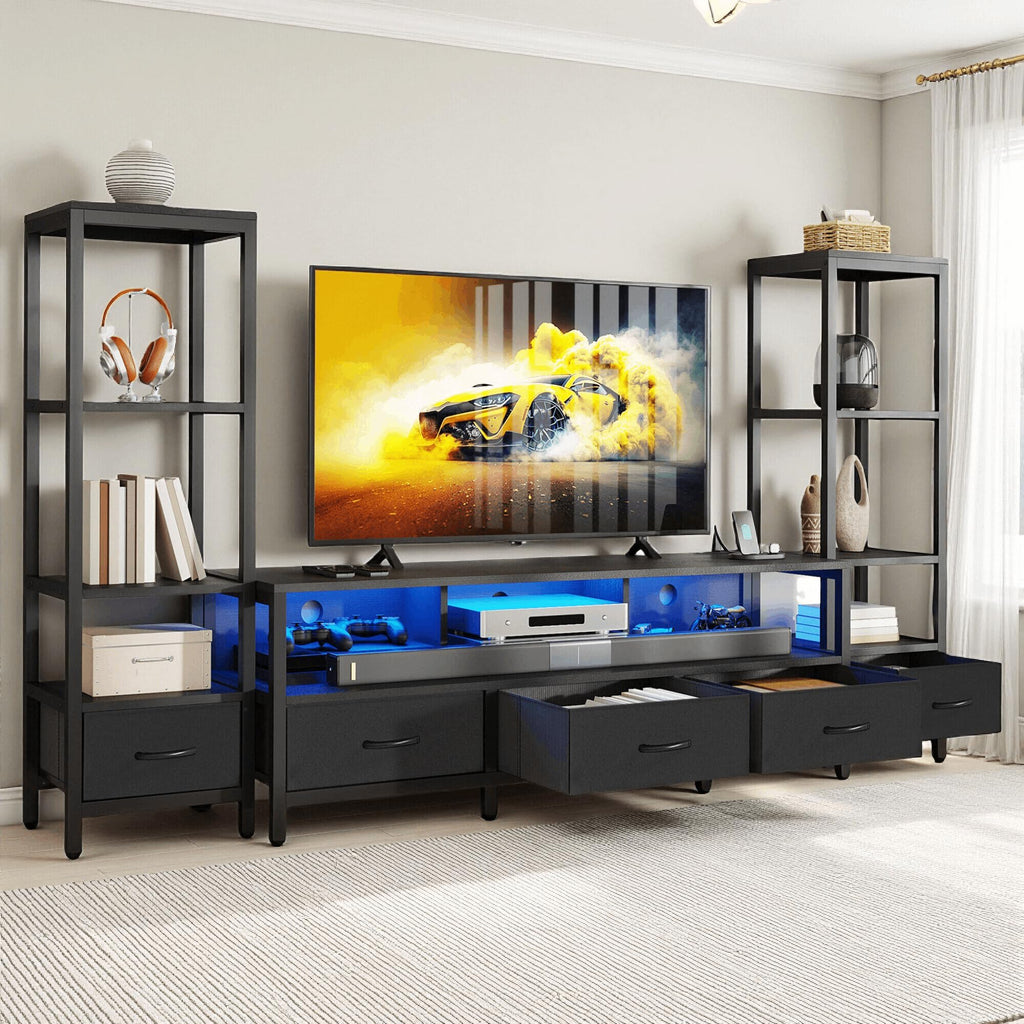 Industrial LED TV Stand for 65 Inch TVs, Bookshelves, Black