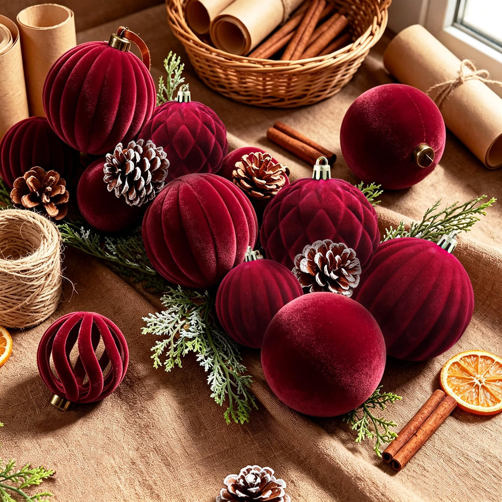 40Pcs Velvet Shatterproof Ornaments Set, Burgundy