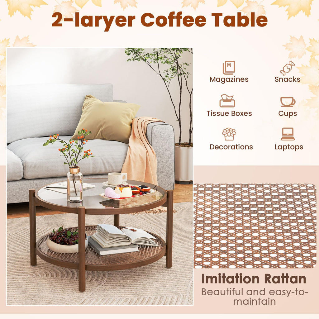 Rattan Coffee Table, Boho Round Glass Tea Table with PE Rattan Storage Shelf & Wood Frame, 2 Tier Accent Center Table
