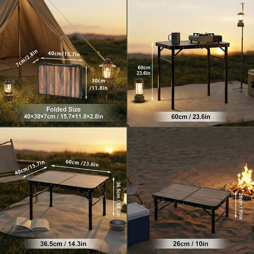 Small Folding Camping Table, 2ft Portable Picnic Table Aluminum 24" x 16" Folding Table, 3 Adjustable Heights