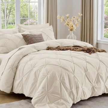 Sasttie Queen Comforter Set, 7-Piece Bed in a Bag, Pintuck Bedding Sets for All Season, Includes Comforter, Flat Sheet
