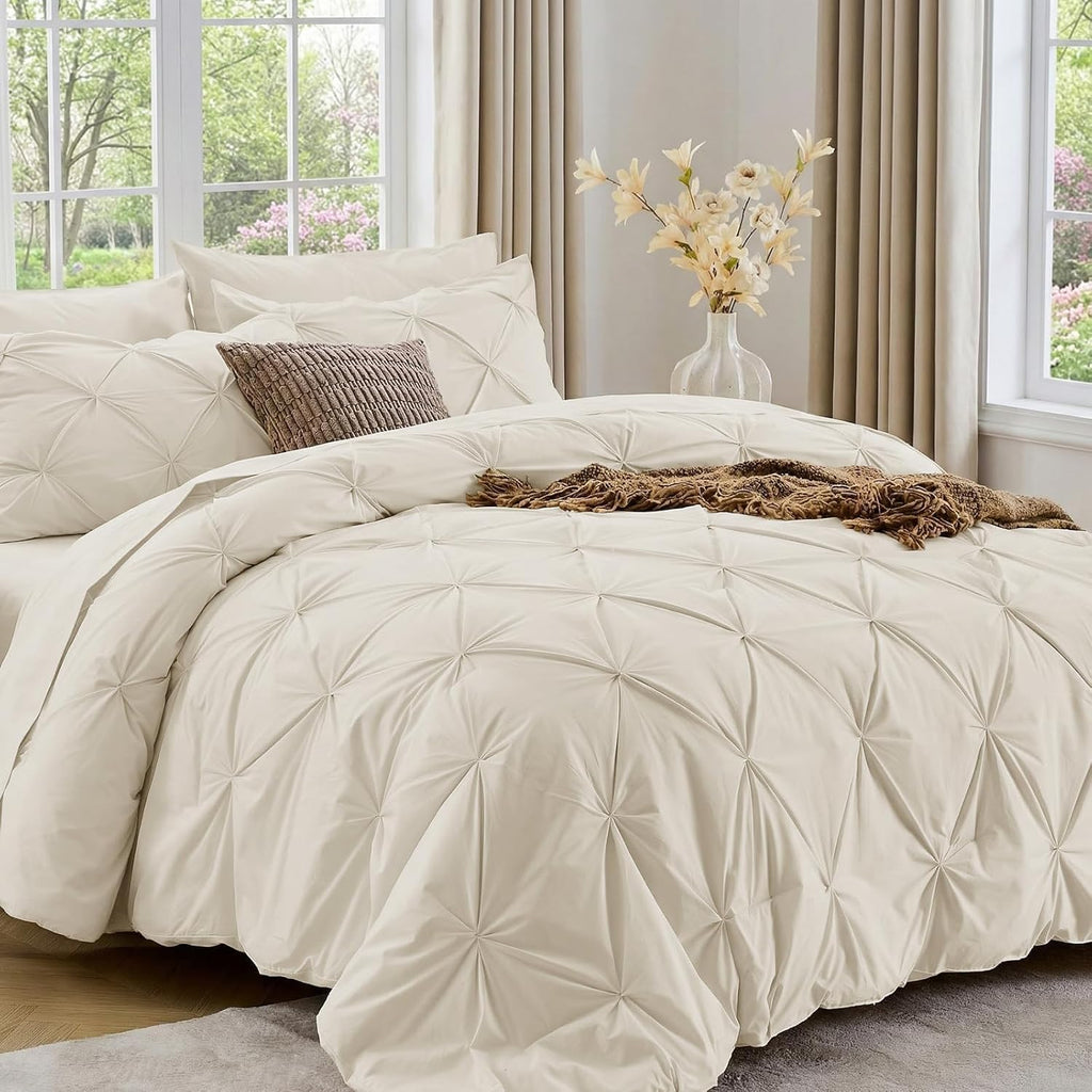 Sasttie King Comforter Set, 7-Piece Bed in a Bag, Pintuck Bedding Sets for All Season, Includes Comforter, Flat Sheet