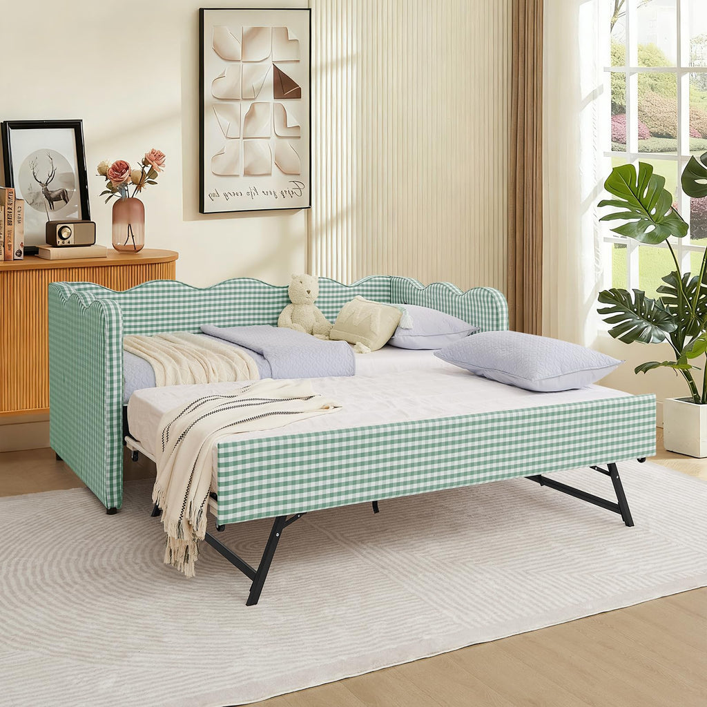 Twin Size Gingham Daybed with Trundle, Upholstered Linen Day Bed Frame with USB Ports & Wave-Shaped Backrest, Modern