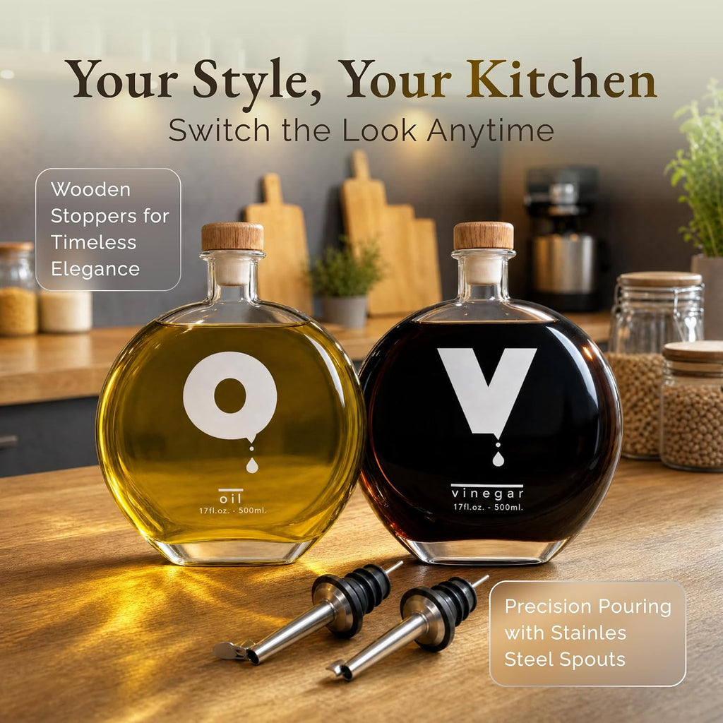Elegant Oil and Vinegar Dispenser Set - Glass Bottles 17oz/500ml with Corks, Pouring Spouts & Funnel | Modern Olive - Set of 2