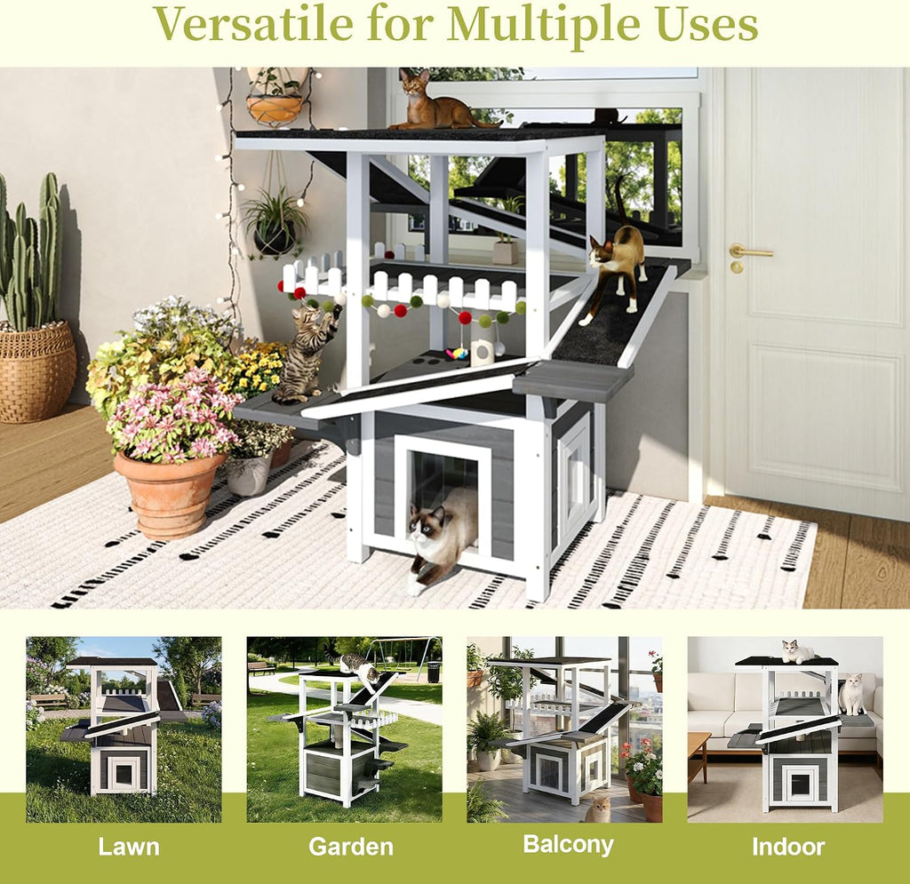 4-Tier Weatherproof Cat House, Wooden Outdoor Cat Tree with Ramps, Balcony and Scratching Post (Grey, White)