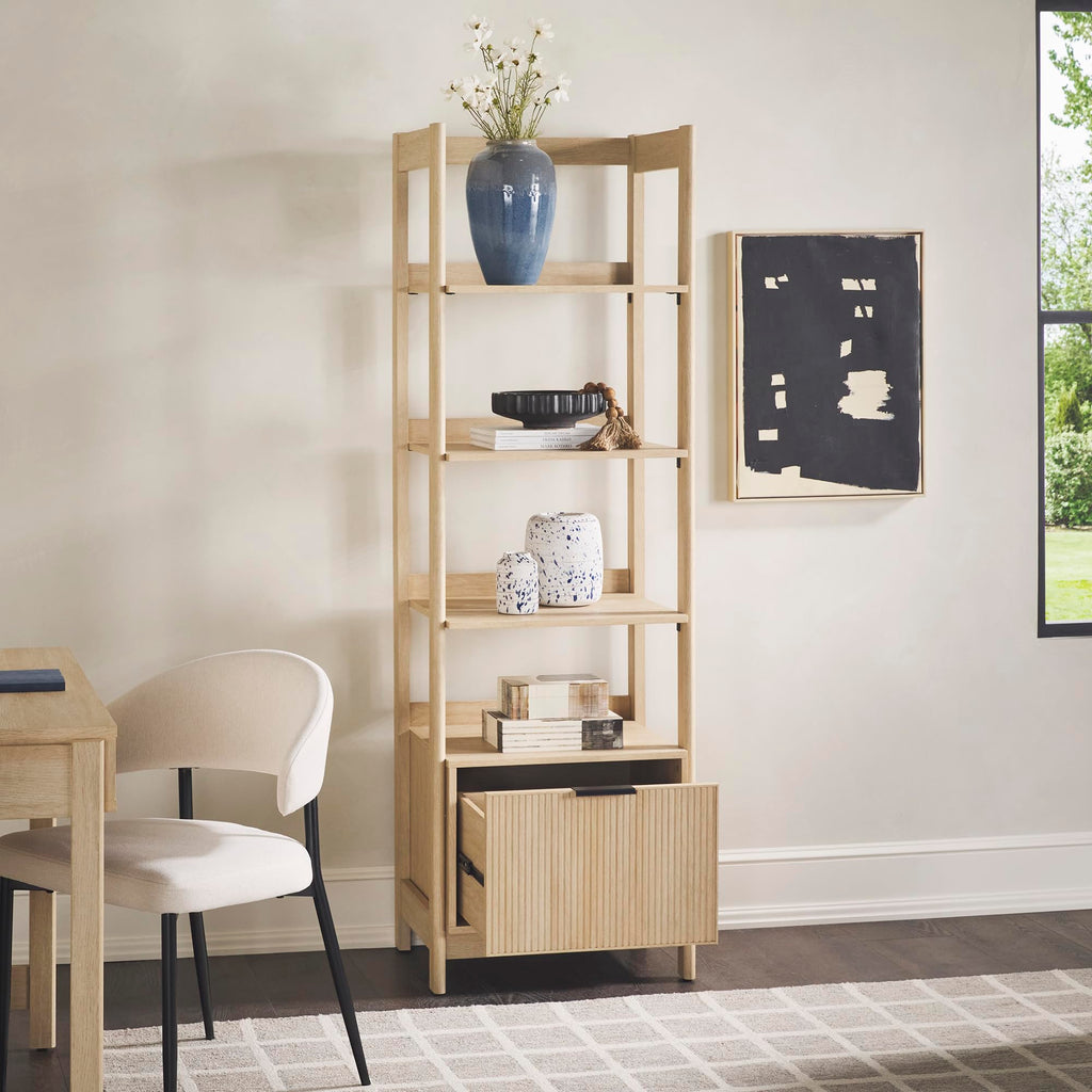 Transitional Reeded Narrow Open Bookshelf with Drawer on Bottom, 4-Shelf Bookcase with Bottom Storage, 22"W x