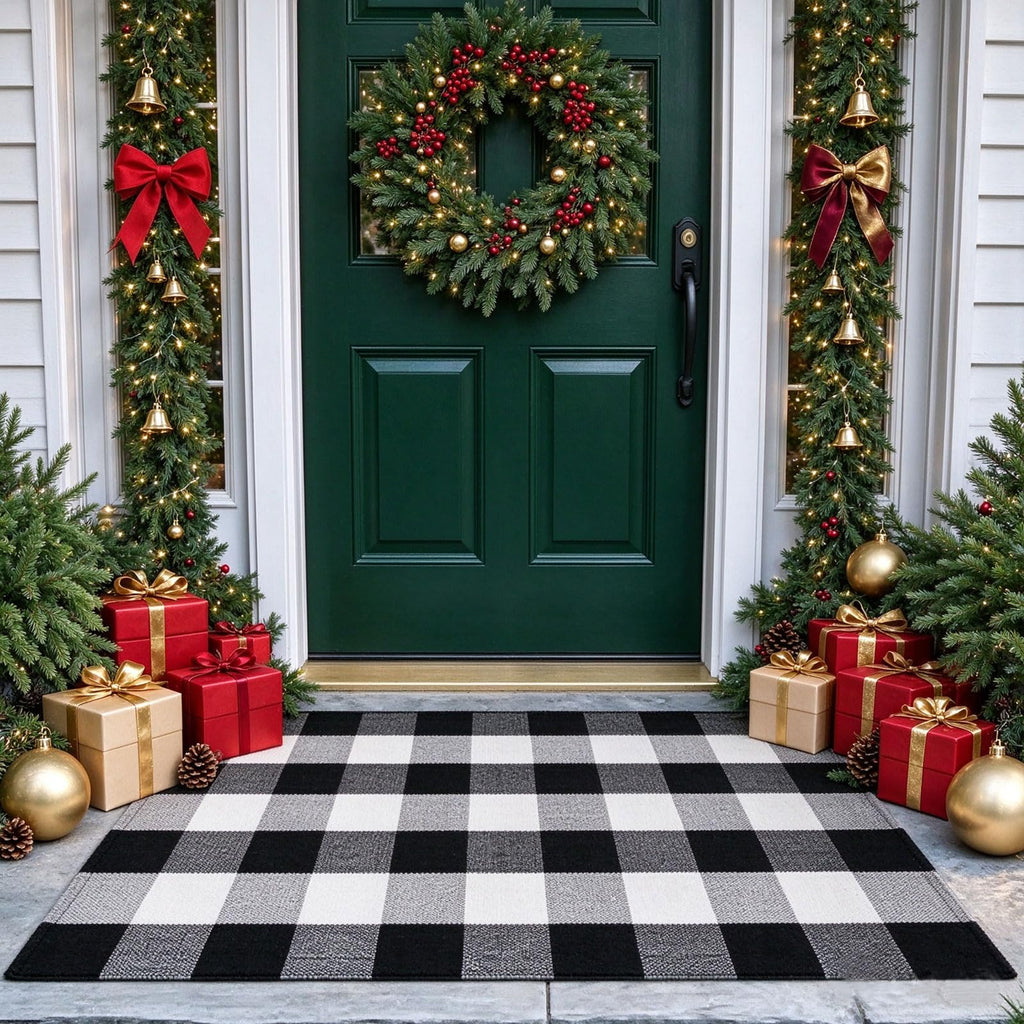 Buffalo Plaid Outdoor Rug, 27.5''x43'' Black White Check Indoor/Outdoor Area Rugs, Layering Rug for Hello/Welcome