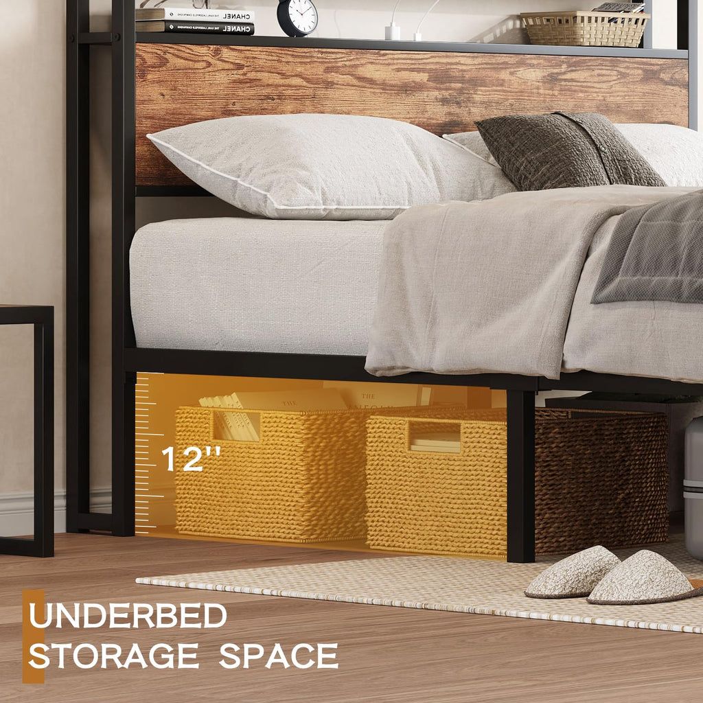 King Size Bed Frame with USB Charging Station & Storage Headboard, Modern Metal Platform Bed with Large Under Bed