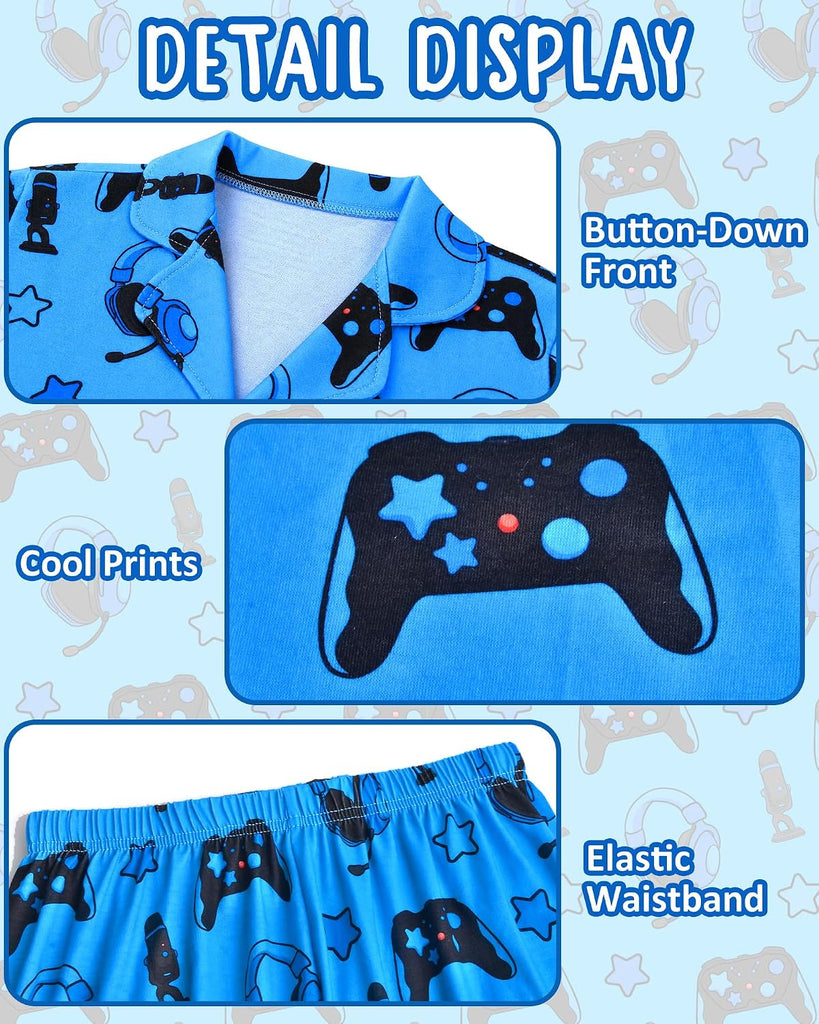 Boys Pajamas 2 Piece Set Big Boys Pjs Button Down Short Sleeve and Pants Kids Sleepwear Loungewear