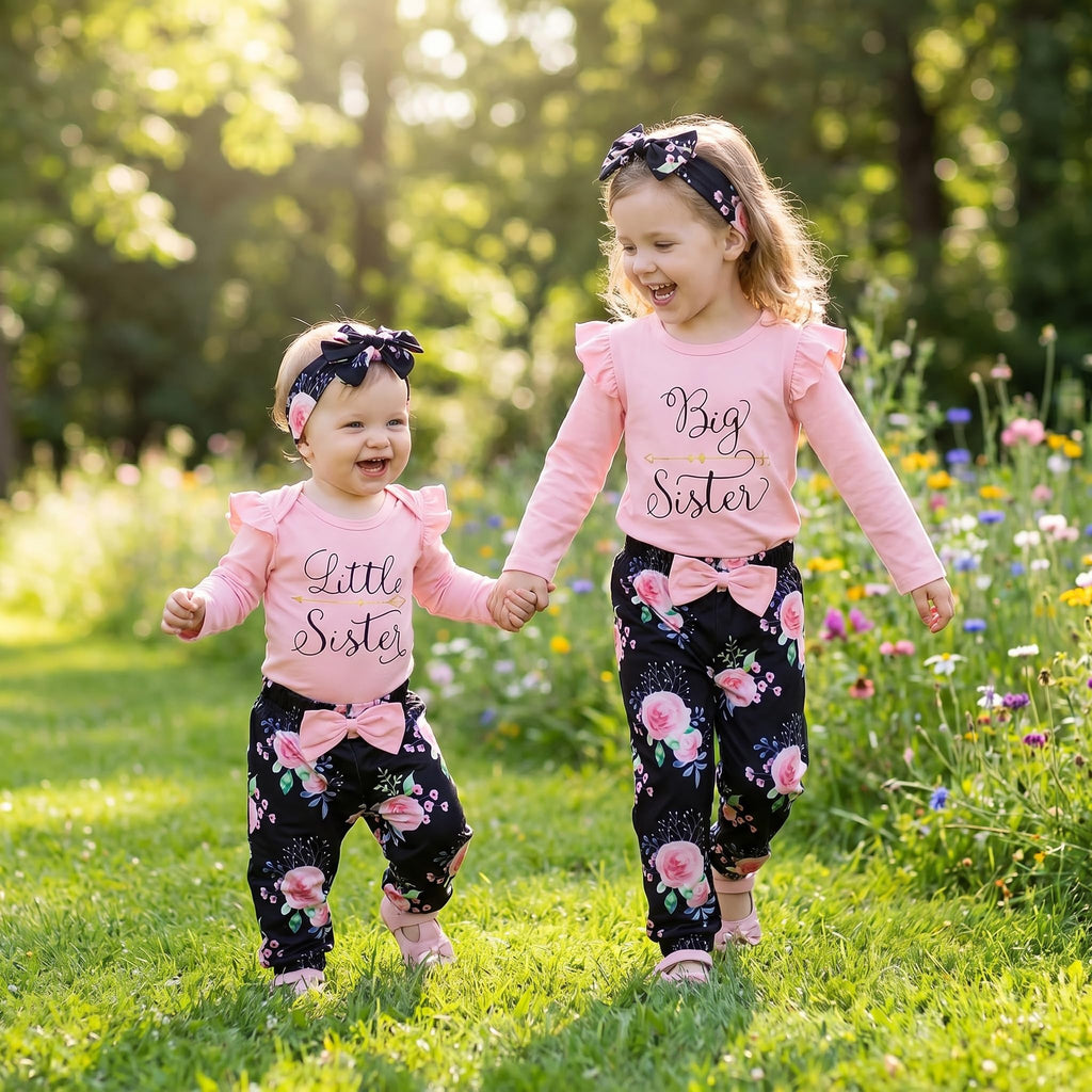 Sister Matching Outfits Pink Ruffle Long Sleeve Shirt Flowers Pants with Headband 3Pcs Clothes Set (Pink-Little
