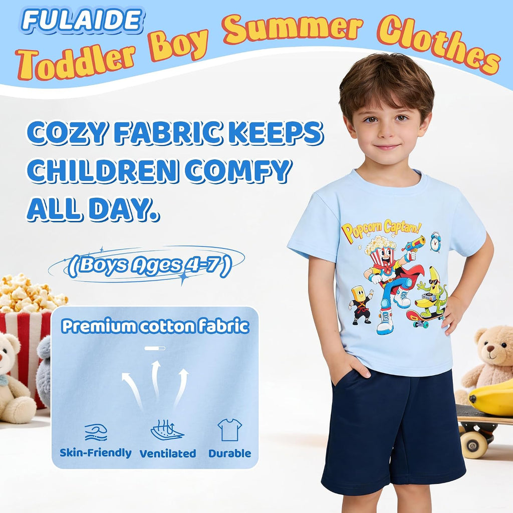 Toddler Boy Summer Clothes Outfit, Cotton Stretch Tee and Shorts, Ages 4-7