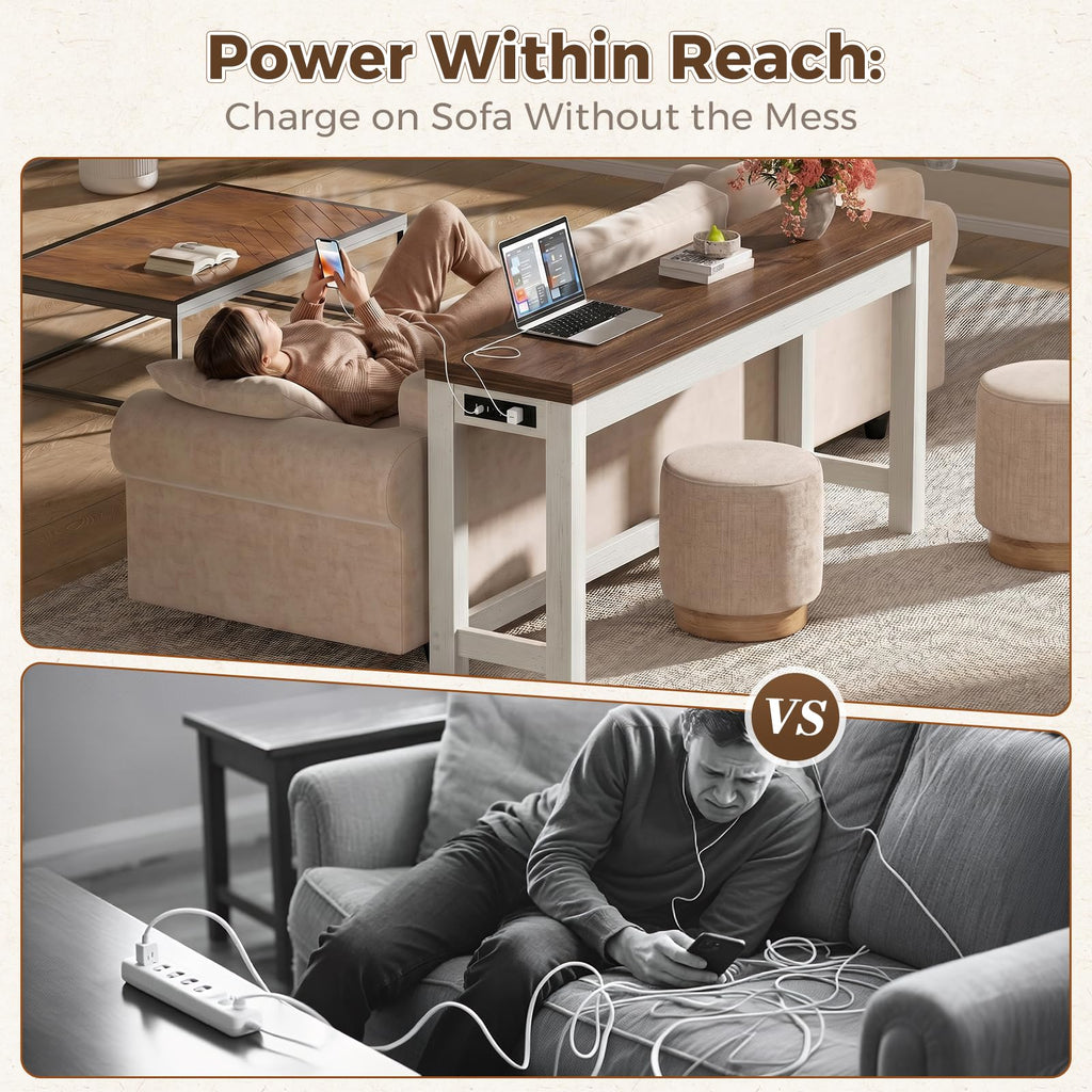 63" Console Table with 2 AC Outlets & 3 USB Ports, Rustic Oak