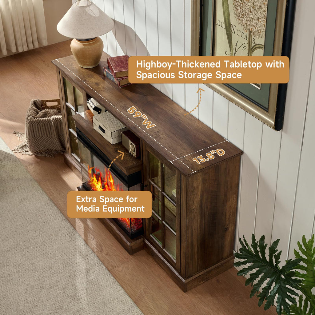 3 Sided Glass 59" Fireplace for TVs up to 65 Inch, Media Entertainment Center with Glass Door Storage Cabinet, 24"