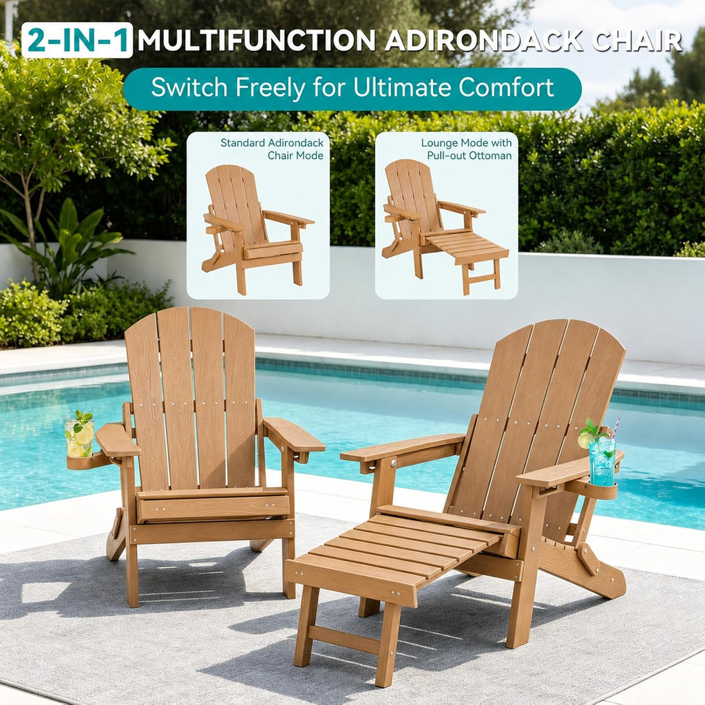 Folding Adjustable Adirondack Chair Set of 2 with Footrest, HDPE Adirondack Chair with Cup Holders & Phone Slot
