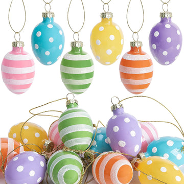 Glass Easter Hanging Eggs- 1.8 Inch Easter Eggs Hanging Ornaments- Dots Stripes Easter Decorations Eggs Tree - Set of 12