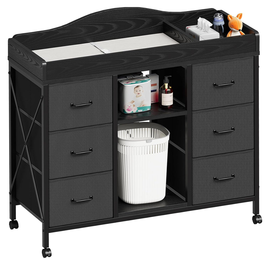 Changing Table, 6-Drawer Dresser, Adjustable Shelves, Mobile, Black | Changing Table,Waterproof Diaper pad & Safety