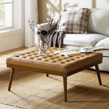 36" Genuine Leather Square Tufted Ottoman Coffee Table, Camel | Button Tufted Style, Solid Wooden Flared Legs