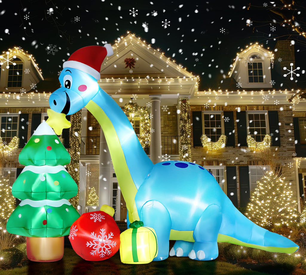 13.6 Ft Long Christmas Inflatable Decorations, Huge Xmas Inflatable Dragon Dinosaur with Trees Gift Hats Decors