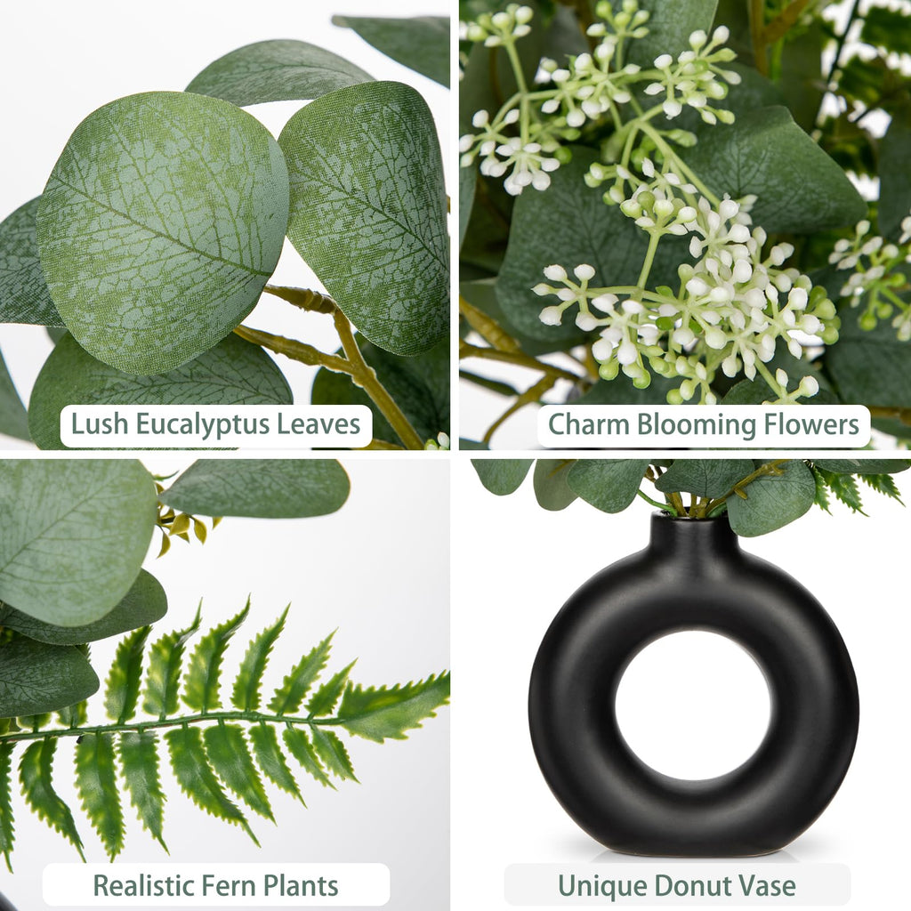 Artificial Eucalyptus Stems in Ceramic Vase 14.23" Fake Eucalyptus Plant Decor Black Donut Vase with Greenery