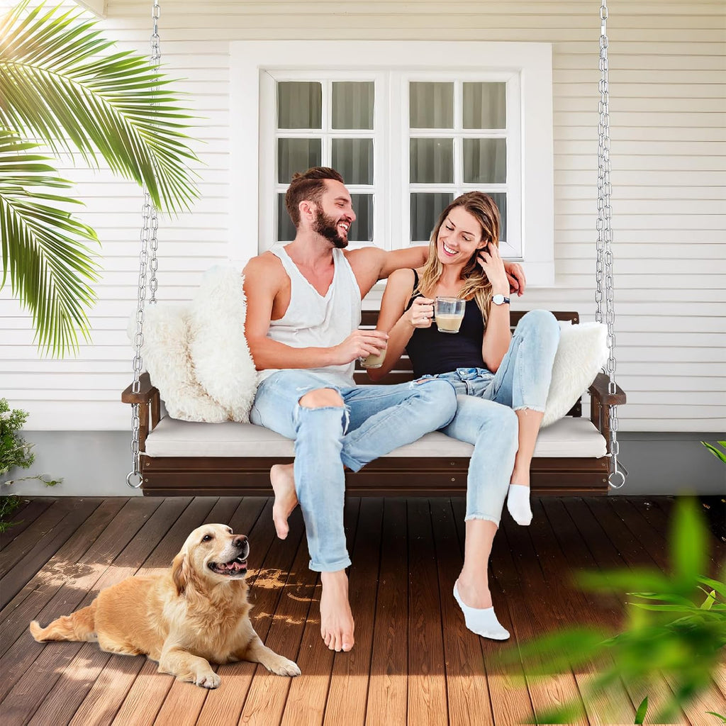 5 FT Heavy Duty Porch Swing with Cushion, 880 LBS Wooden, Rustic | Extra Cushion Included; Heavy-Duty Wood Frame;