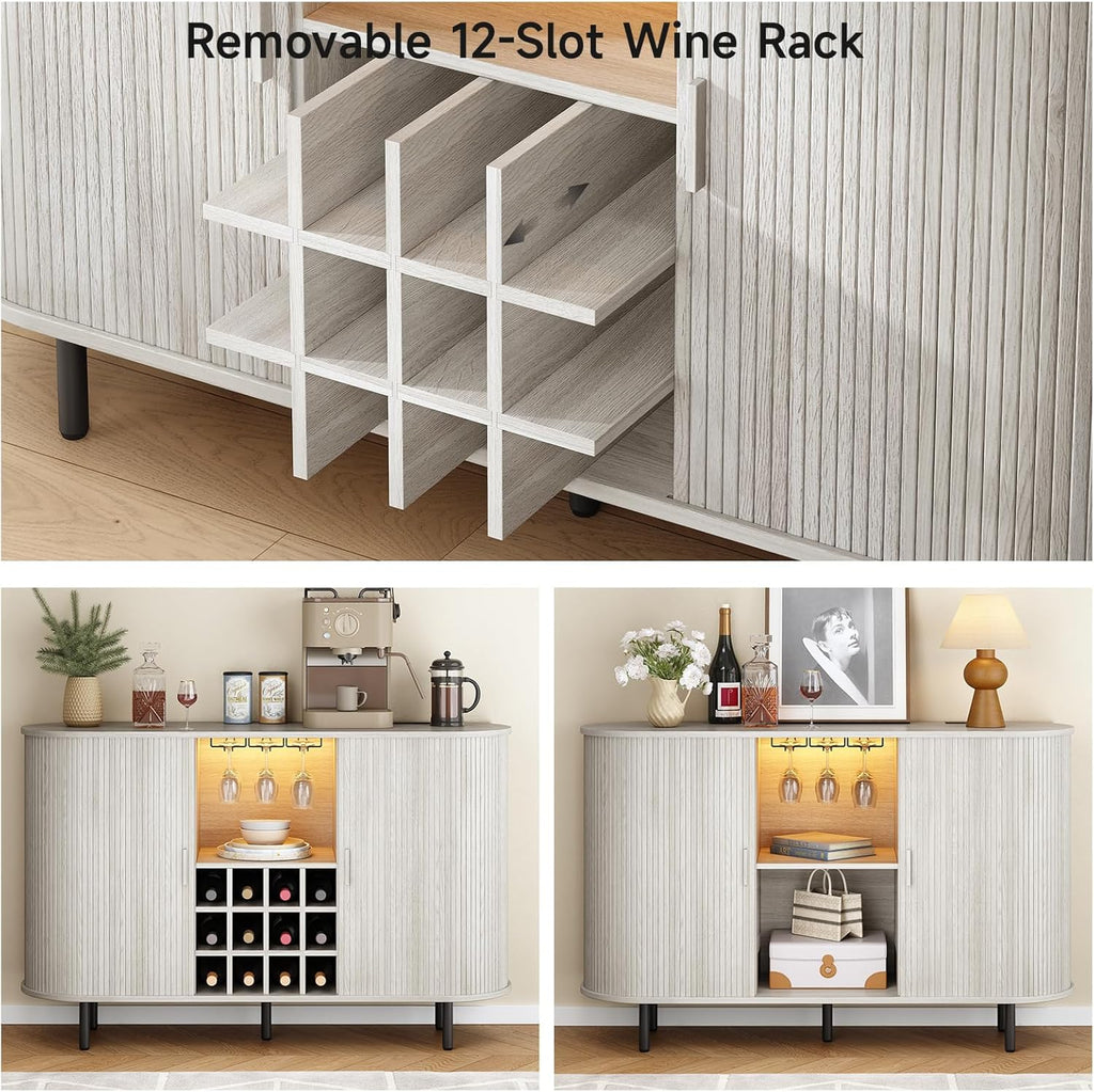 55" Fluted Wine Bar Cabinet with LED Light White | Liquor Coffee Bar Cabinet, with Wine Rack and Glass Holder