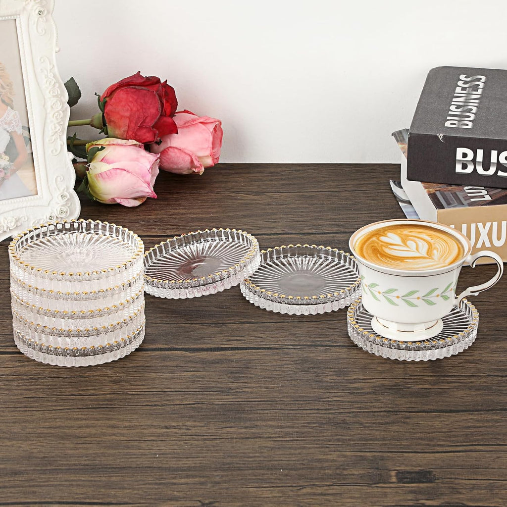 Modern Clear Coaster Glass Coasters for Drinks,Clear with Gold Rim - Set of 8