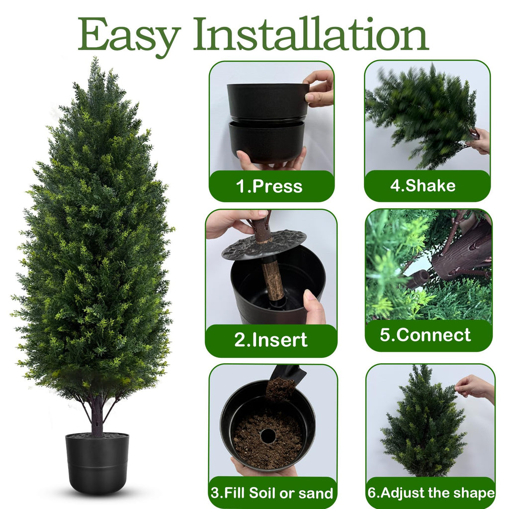 3FT Artificial Cedar Topiary Trees Outdoor Set of 2 Artificial Bushes Plants with Pot, UV Rated Potted Faux Cypress