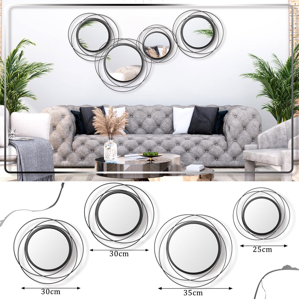 4 Pcs Decorative Round Modern Circle Mirror Wall Art Ring Metal Mirror Wall Mounted (Black)