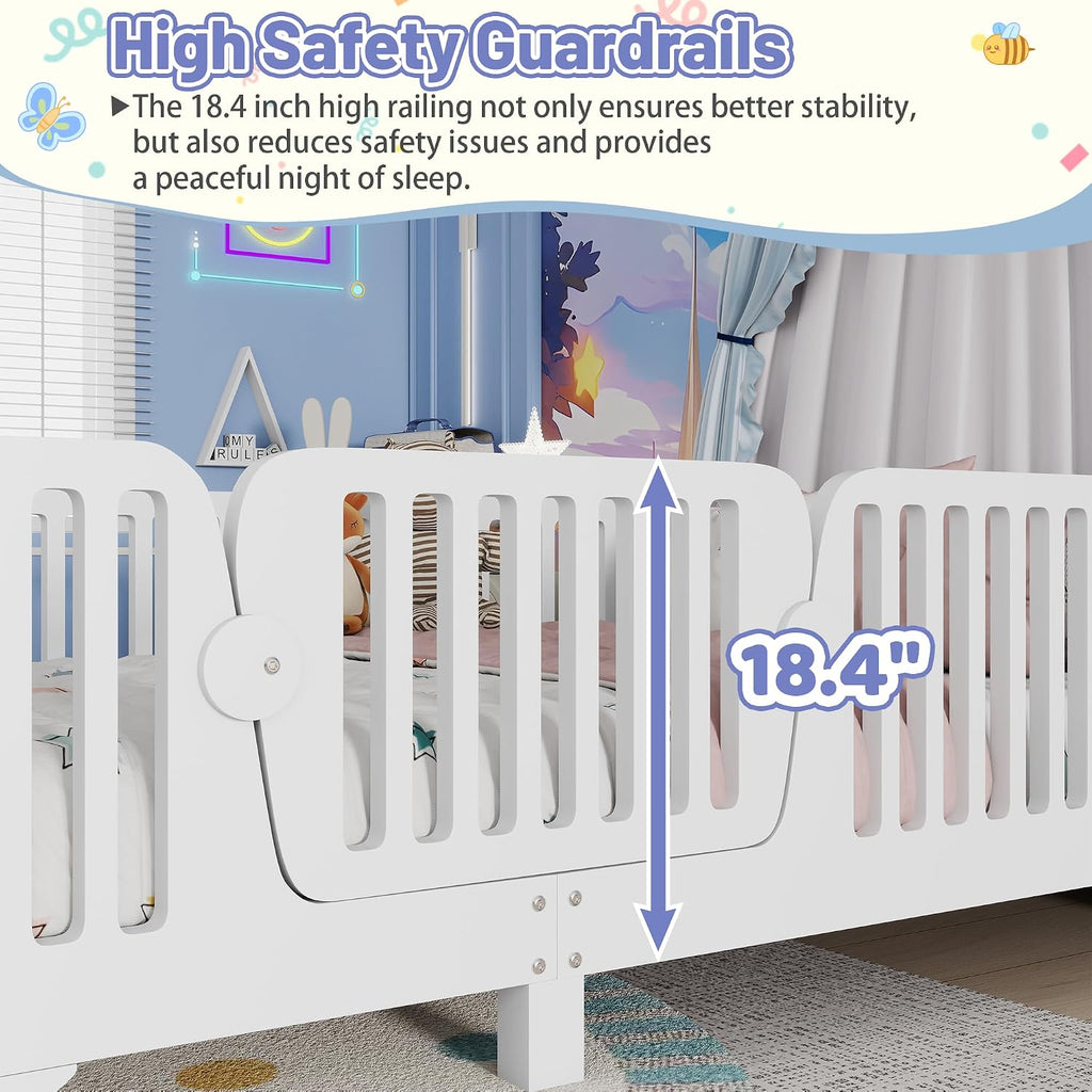 Floor Bed with High Fence Rails, Wooden Montessori Bed Frame with Detachable Door & Slats, Low Profile Beds