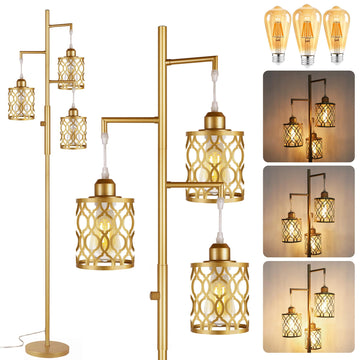 68" Gold Floor Lamp, Dimmable Industrial Floor Lamps, 3 Light Rustic Standing Tall Lamp Including 3 PCS 6W E26