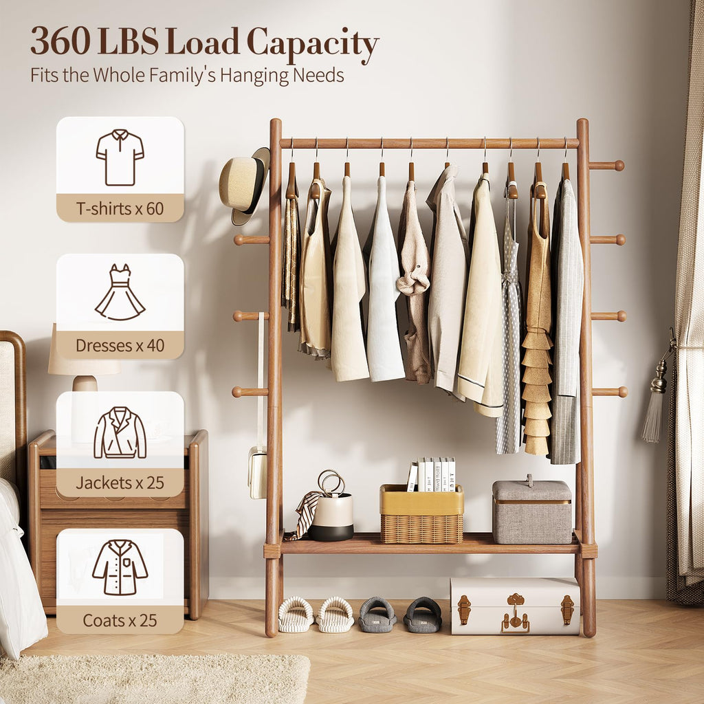 Solid Wood Clothes Rack - Heavy Duty Clothing Racks for Hanging Clothes with 8 Hooks, Portable Garment Rack for Dress