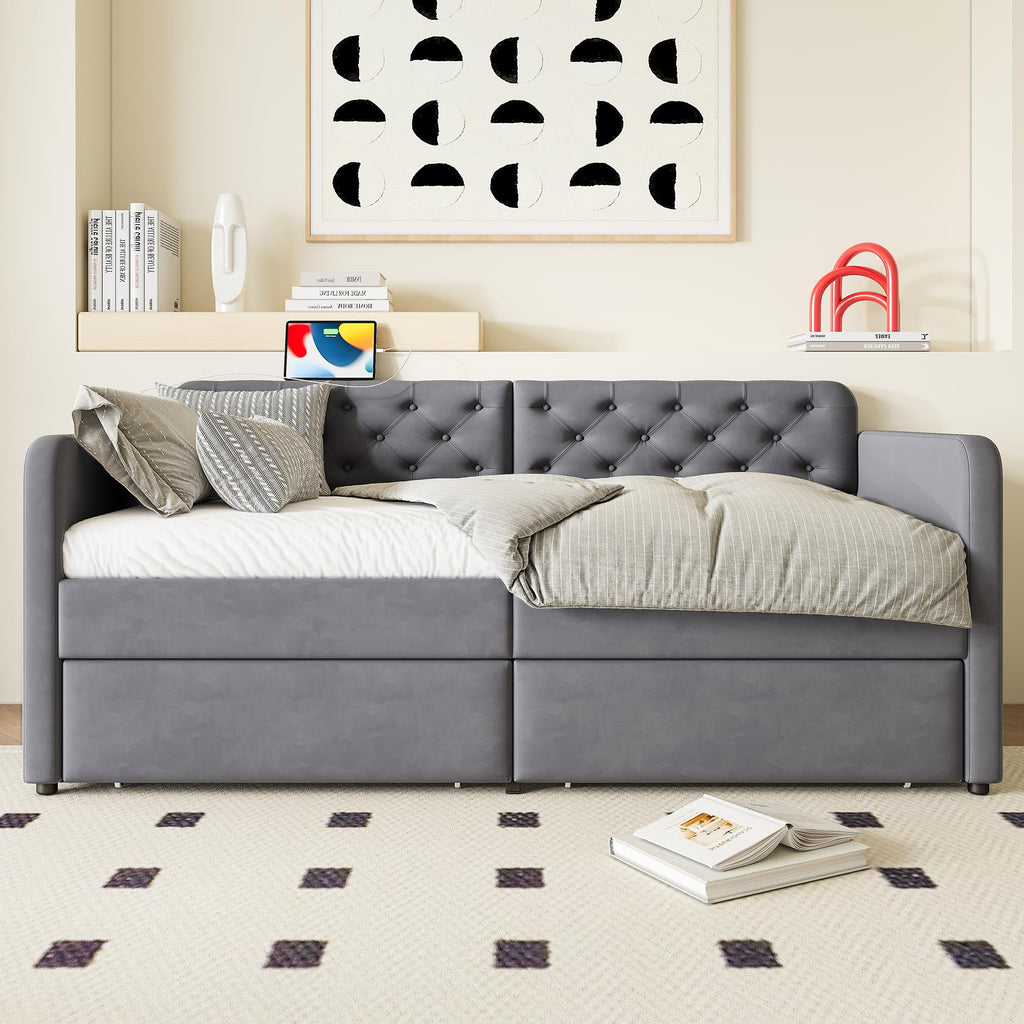 Twin Daybed with Storage Drawers, Velvet Upholstered Daybed Frame with USB Port, Button Tufted Backrest, Twin Size