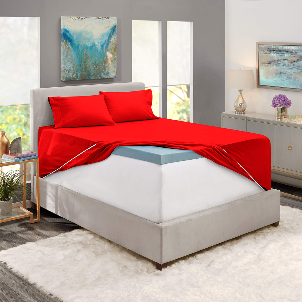 Extra Deep Pocket Sheet Set - Cherry Red, 4 Piece, Microfiber, 18-24 Inches Deep, Stripe Pattern