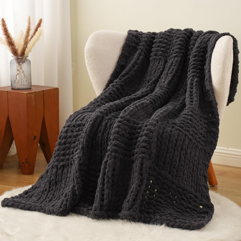 Chunky Knit Throw Blanket for Couch, 50"x60", Charcoal